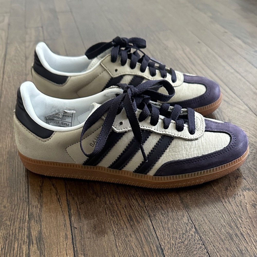 adidas Cream and Purple Retro Low-Top Athletic Sneakers - Picture 2 of 5